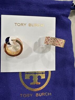 Tory Burch Pink and Gold Enamel Logo Earrings Set